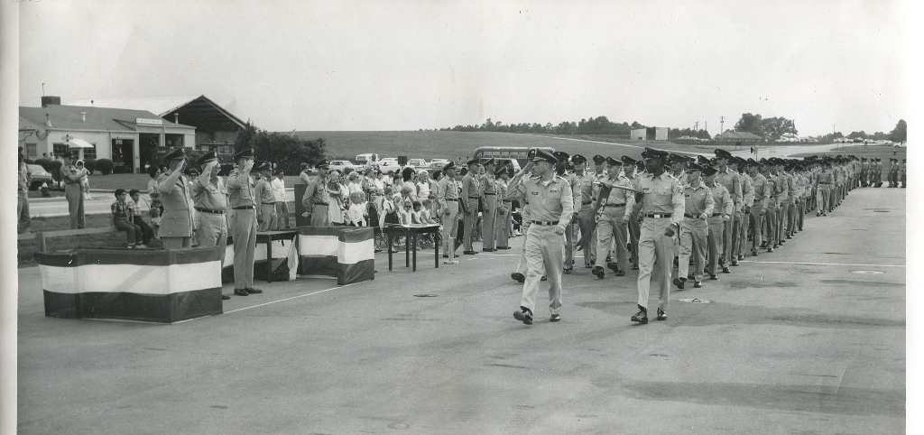 (6019) 449th Signal Detachment Parade at the Atlanta Army Depot after receiving orders for assignment to the 161st at Fort Benning and eventual deployment to Vietnam.  Stan Allen is the gidon barrer.